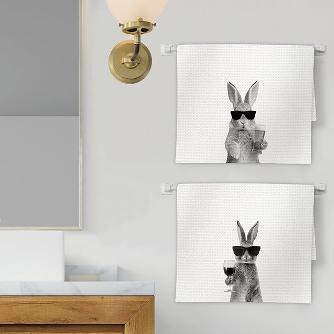 Bunny Gifts Wine Kitchen Towels Set of 2, Gifts for Bunny Rabbit Wine Lovers Decorative Hand Dish Towel for Kitchen Home Bar, Funny Rabbit Beer Lover Home Bar Cart Decor(16x24 Inch)