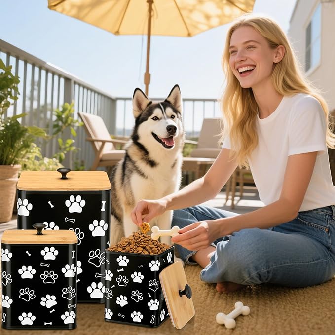 Airtight Dog Treat Container Set of 3 with Bamboo Lids Metal Treat Jars for Countertop Decorative Pet Snack Storage Canister Kitchen Biscuit Holder(Black)