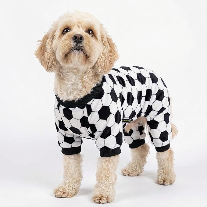 Fitwarm Soccer Dog Fleece Pajamas, Cozy Winter Clothes for Small Dogs Boy Girl, Funny Pet Clothes, Black, White, Medium