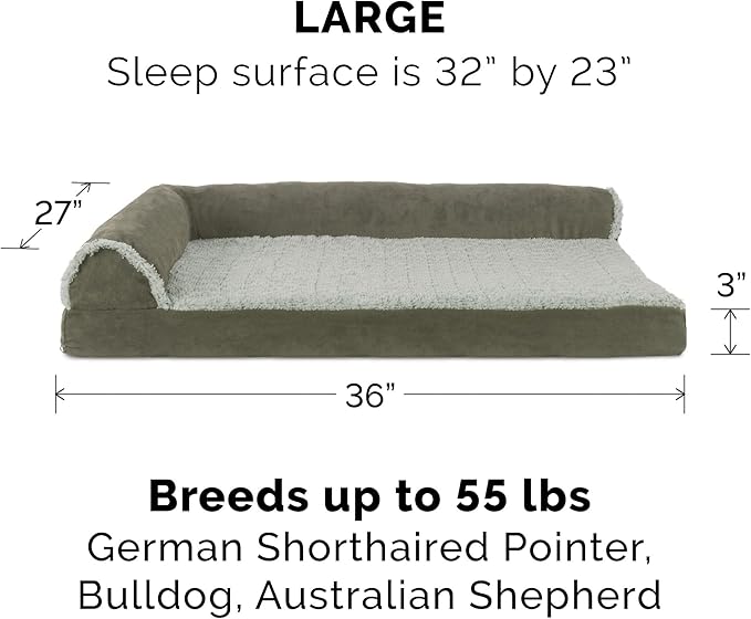 Furhaven Replacement Dog Bed Cover Two-Tone Faux Fur & Suede L Shaped Chaise, Machine Washable - Dark Sage, Large