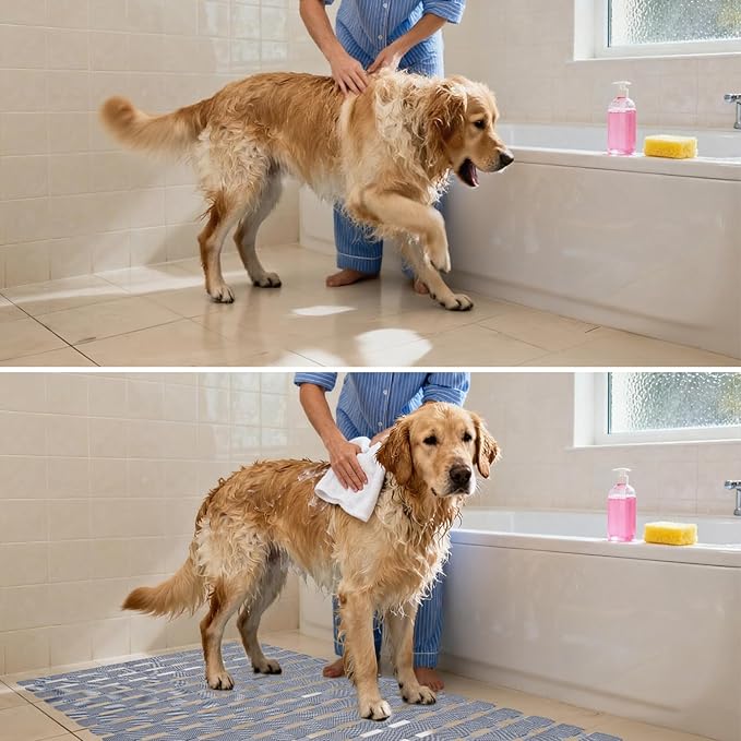 Bath Tub Shower Mat, Pet Dog Bathing Non-Slip Mat, Dog Bath mat for tub, 27.5x15.7 Inch Quick Drain Bathtub Mat with Suction Cups & Drain Holes for Bathroom (Light Blue)