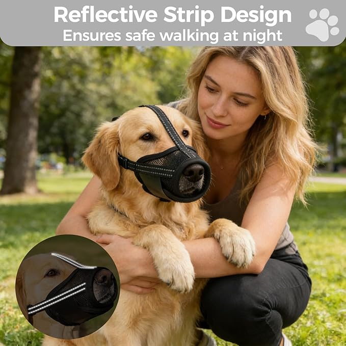 PAWCHIE Dog Muzzle, Soft Muzzle Anti Biting Barking Chewing, Comfortable Air Mesh Mouth Guard Breathable Adjustable Loop Pets Muzzle for Small Medium Large Dogs, Allows Panting Drinking, Black L