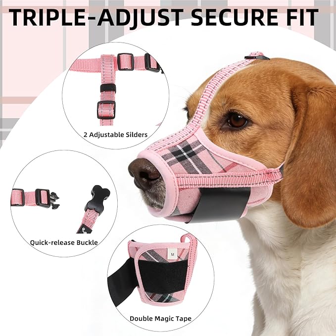 PUPTECK Dog Muzzle, Soft Adjustable Loop Reflective Pets Muzzle Prevent Biting Barking Chewing, Breathable Muzzle with Air Mesh Dog Mouth Guard Drinkable for Large Medium Small Sized, Pink Plaid L