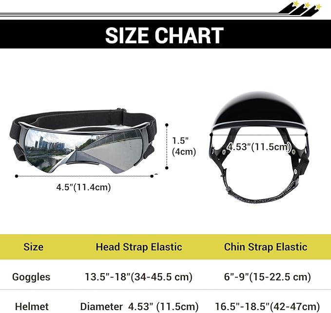 PETLESO Small Dog Goggles with Helmet, 2PCS Dog Sunglasses and Pet Motorcycle Helmet with Ear Holes, Small Medium Breed Outdoor Driving Walking Biking Protection, Silver