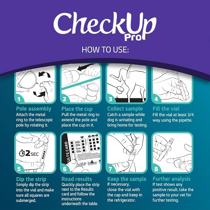 CheckUp Pro at Home Wellness Test for Dogs | Telescopic Pole, Reusable Cup, 2 Strips | Detection of 10 Indicators | pH, Protein, Urobilinogen, Glucose, Bilirubin, Ketone, S-Gravity, Blood in Urine