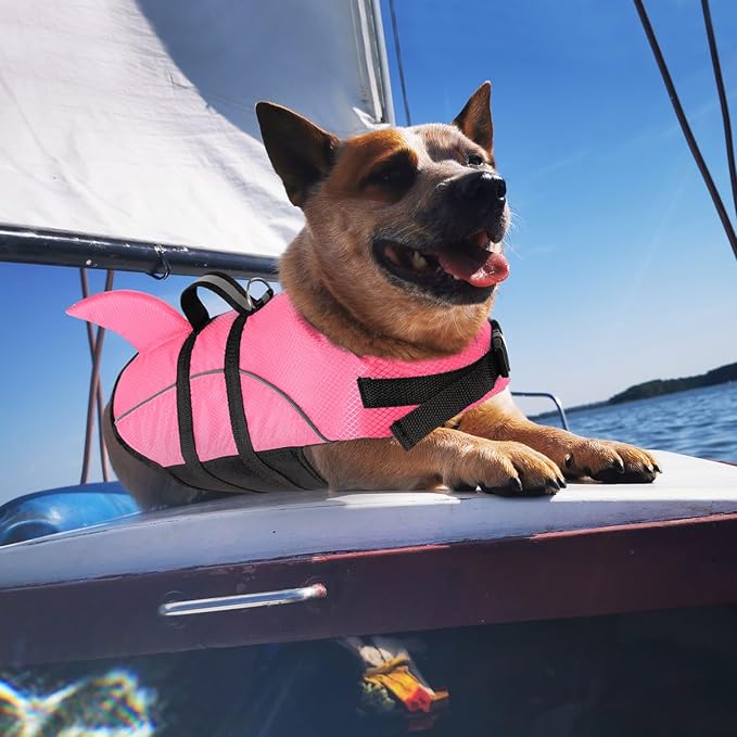 Queenmore Small Dog Life Jacket,Shark Dog Life Vest for Swimming,Puppy Light Life Preserver for Boating Kayaking Canoeing,Pet Reflective Lifesaver with High Buoyancy,Rescue Handle,Leash Hook (Pink,S)