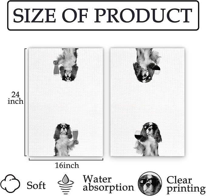 Cavalier King Charles Spaniel Gifts Wine Kitchen Towels Set of 2, Gifts for Cavalier Dog Beer Lovers Decorative Hand Dish Towel for Kitchen Home Bar, Funny Dog Home Bar Cart Decor(16x24Inch)