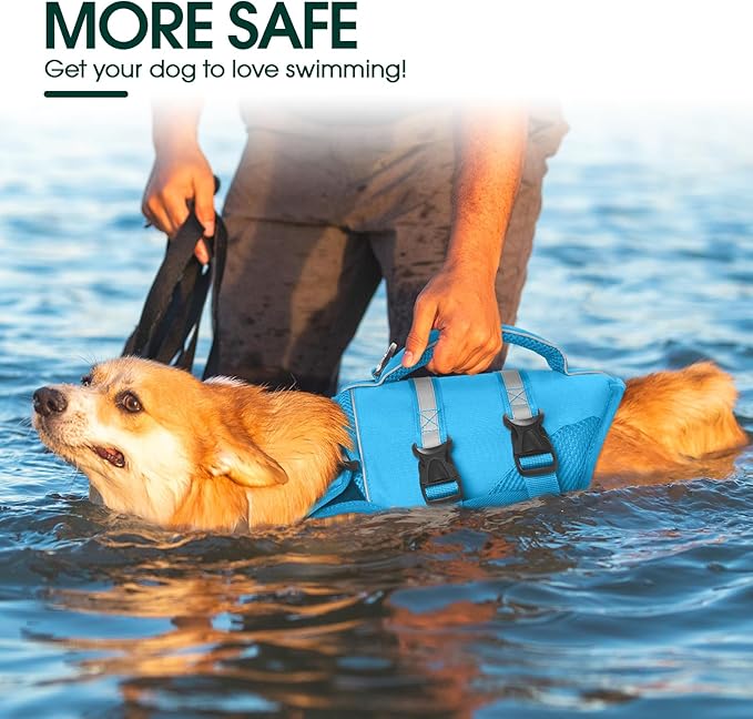 Kuoser Dog Life Jacket, High Flotation Dog Life Vest for Swimming Boating, Adjustable Ripstop Pet Lifesaver for Small Medium and Large Dogs, Reflective Safety Puppy Swimming Vest with Rescue Handle