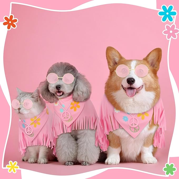 Hippie Dog Halloween Costume Funny Dog Outfits with Pink Cloak Bandana Glasses Necklace Dress up Pet Clothes (Small)