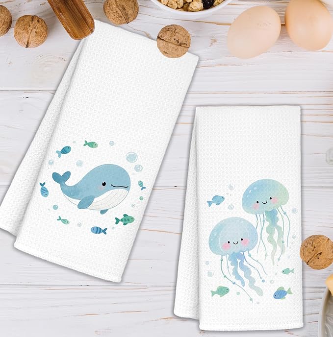 Cute Ocean Whale Jellyfish Kids Bathroom Hand Towels Set of 2, Ocean Lover Gifts, Coastal Beach Hand Towels for Bath Room Washroom, Nautical Beach Kitchen Dish Towel, 16x24 Inch
