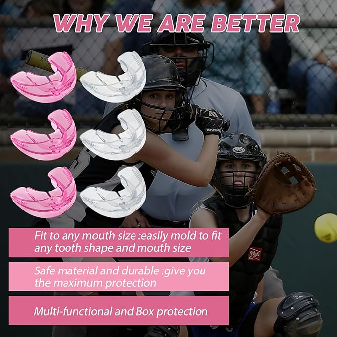 TOODOO 6 Pieces Braces Mouth Guard Kids Sports Mouth Guard for Kids Double Football Youth Mouthguards for Boxing Football Hockey Karate Basketball (Transparent, Pink)
