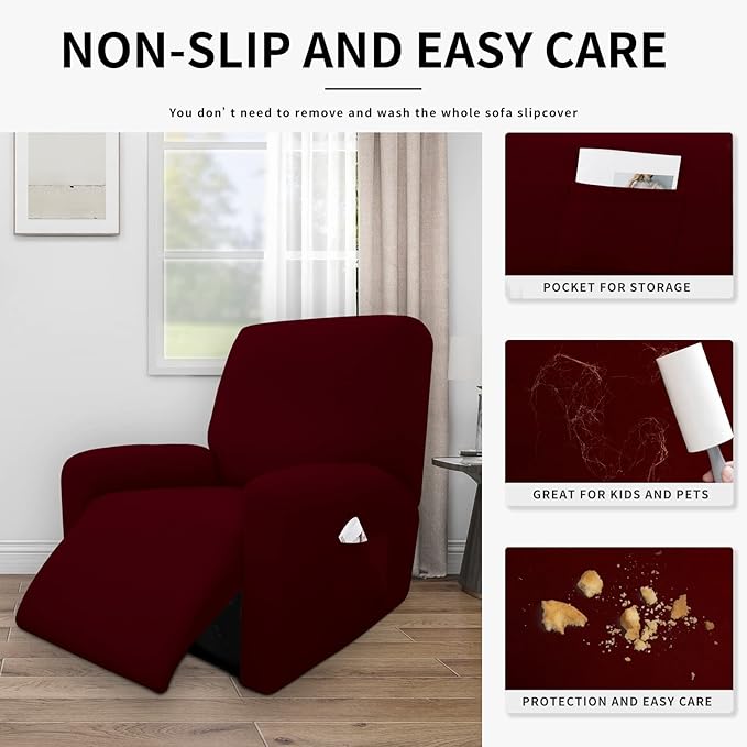 Easy-Going 4 Pieces 100% Dual Waterproof Recliner Cover Stretch Soft Couch Cover for Dogs, Sofa Slipcover for Recliner Couch Leakproof Furniture Protector for Kids, Pets Wine
