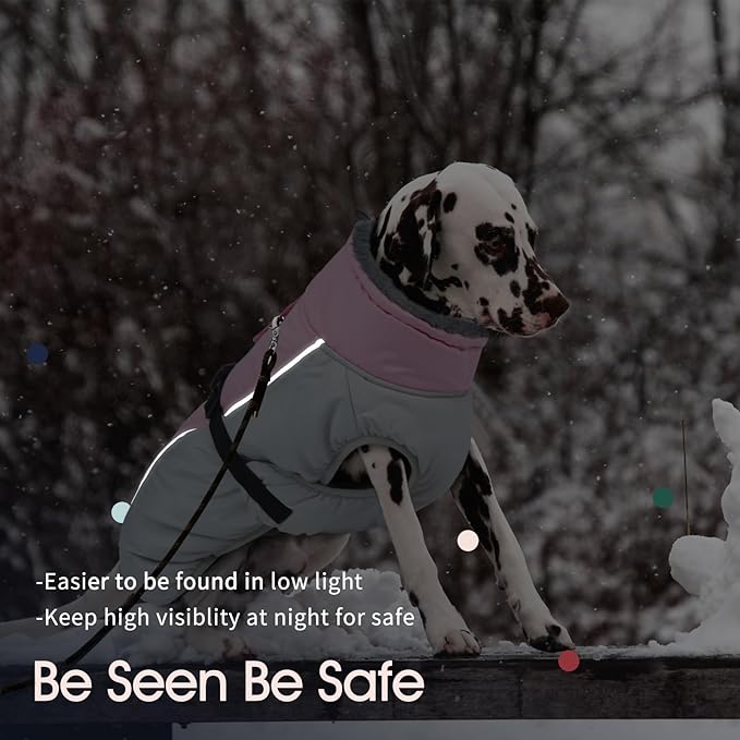 IECOii Extra Warm Dog Jackets for Large Dogs, Insulated Thermal Fleece Vest for Winter, Waterproof Reflective XL Dog Coat with Fur Collar, Windproof Cold Weater Clothes with Leash Hole, Pink, XL