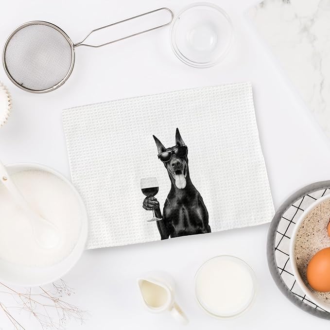 Doberman Gifts Wine Kitchen Towels Set of 2, Funny Doberman Wine Lover Decorative Hand Dish Towel for Kitchen Home Bar, Gifts for DobermanDog Beer Lovers Home Bar Cart Decor(16x24Inch)