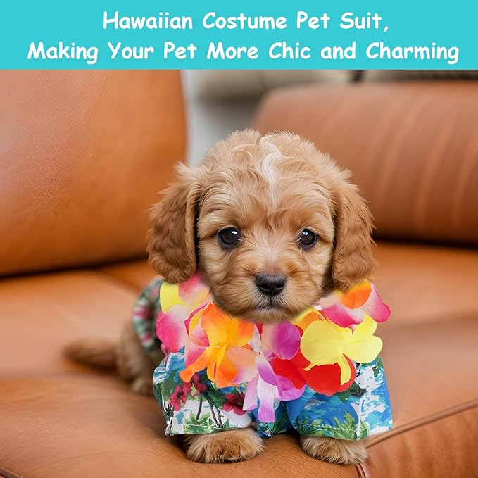 Pet Hawaiian Costume Summer Shirts with Sunglasses Colorful Wreath for Small Dog Cat Hawaii Luau Halloween Party