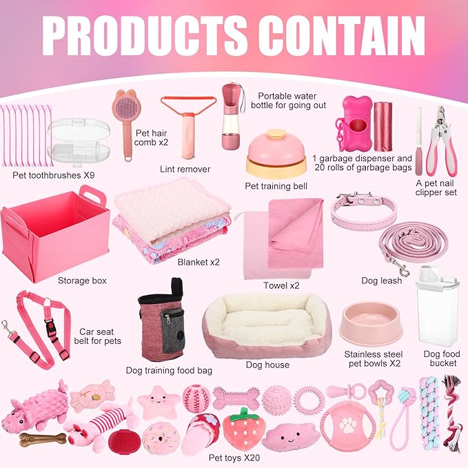 Abbylike 75 Pcs Puppy Supplies Starter Kit for Small Dogs New Puppy Essentials Starter Kit Pink for School Dog Toys Includes Dog Leash, Bowl, Brushes, Water Bottles, Christmas Welcome Home Gift