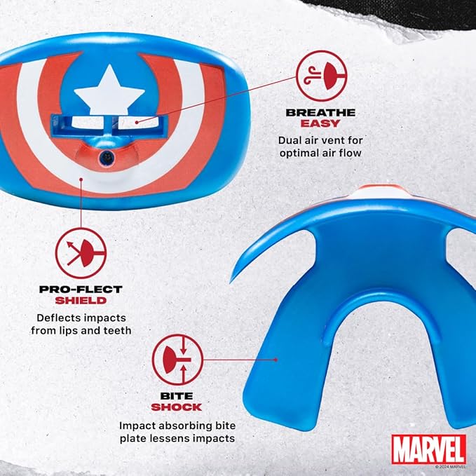 Marvel Captain America Football Mouth Guard with Detachable Strap, Lip Protector Adults and Junior, Football & Lacrosse (One Size, Blue)