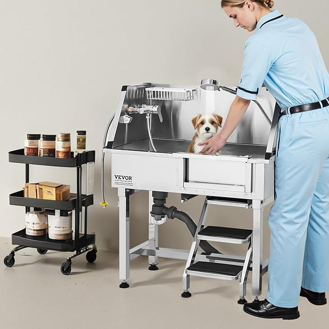 VEVOR 34 Inch Stainless Steel Dog Washing Station, Pet Grooming Tub with Hot & Cold Faucet, Showerhead, Home Wash Sink, Fits Small Cats and Dogs, Non-Slip Stairs (Right Door)