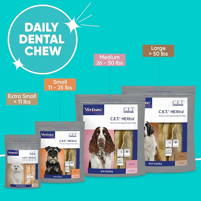 Virbac C.E.T.® HEXTRA® Premium Oral Hygiene Chews for Dogs, Rawhide Coated to Fight Bacteria and Reduce Plaque and Tartar, 26-50 lbs