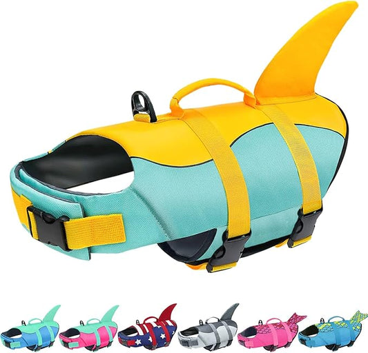 Malier Dog Life Jacket, Ripstop Dog Life Vest with High Buoyancy for Swimming Boating, High Visibility Shark Puppy Lifesaver for Small Medium Large Dogs (Large)