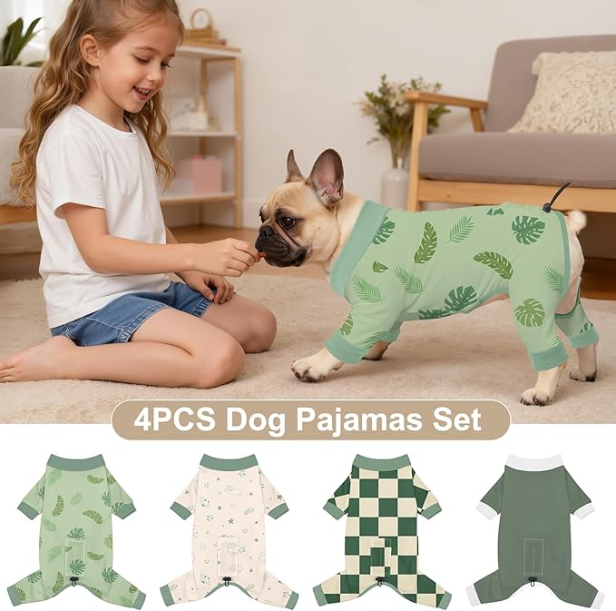 Bienbee Dog Pajamas, 4 Pack Dog Recovery Suit Shedding Suit Cute Soft Puppy Clothes Dogs Pjs Onesies Jammies Adjustable Breathable & Stretchy Clothes for Small Medium Large Dogs Girl Boy Puppy-S
