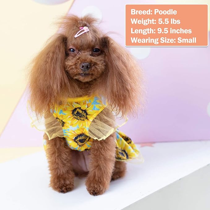 KYEESE Dog Dress for Small Dogs Sunflower Dogs Sundress Tulle with Ruffle Sleeves Dog Apparel