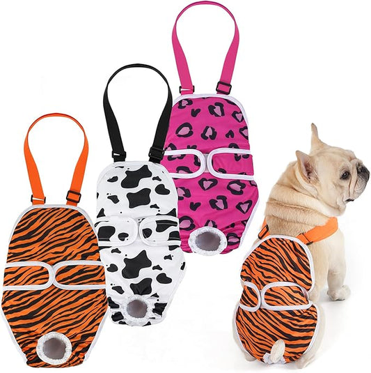 Avont 3 Pack Frenchie Dog Diapers Female, Washable Reusable Girl Doggie Pants for Period Heat Cycle, Full Body Cover Onesie with Adjustable Straps -Tiger/Cow/Leopard XL