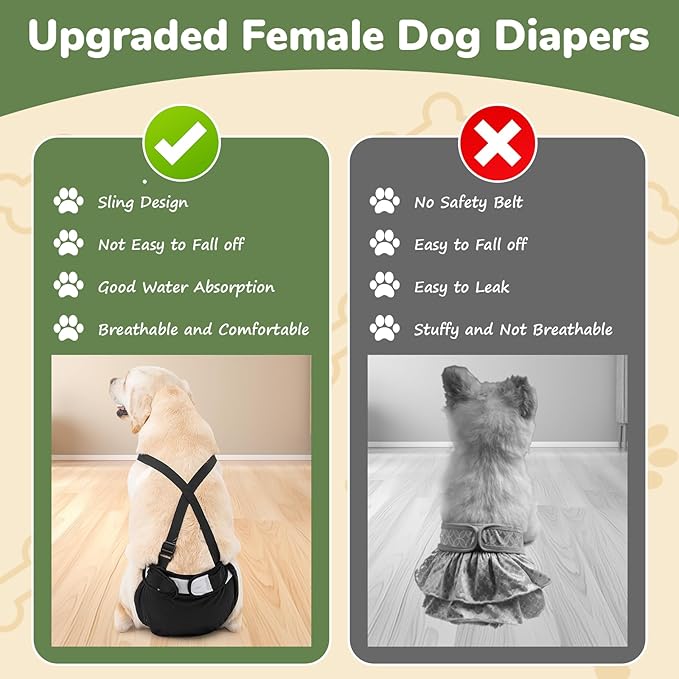 Washable Female Dog Diaper for Large Dogs, 3 PCS Adjustable Suspender Dog Sanitary Panties, Highly Absorbent Reusable Doggie Diapers for Small Medium Girl Dogs in Heat (L)