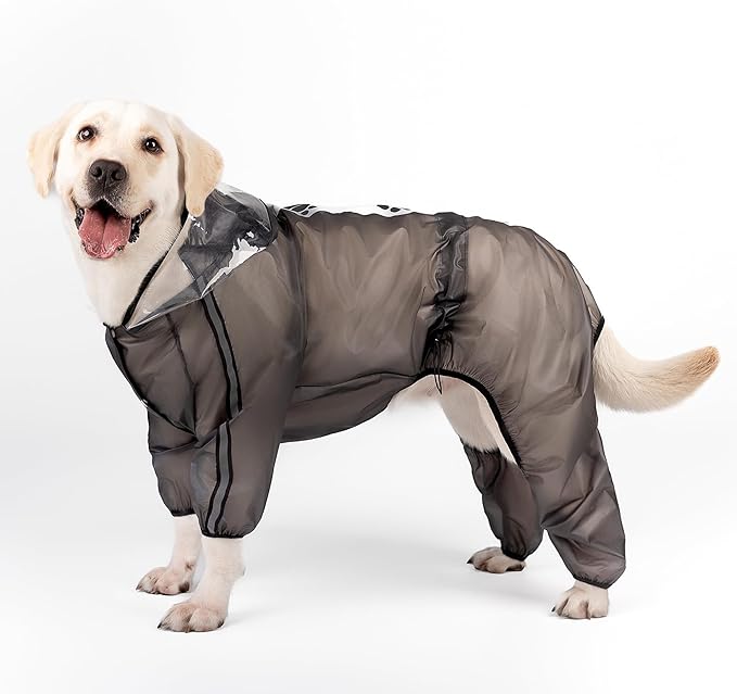 Olsa Dog Raincoat, Dog Hooded Slicker Poncho, 4 Legs Rain Jacket with Reflective Stripe, Transparent Water Proof Resistant Rain Snow Clothes for Small Medium Large (Black, 4XL)