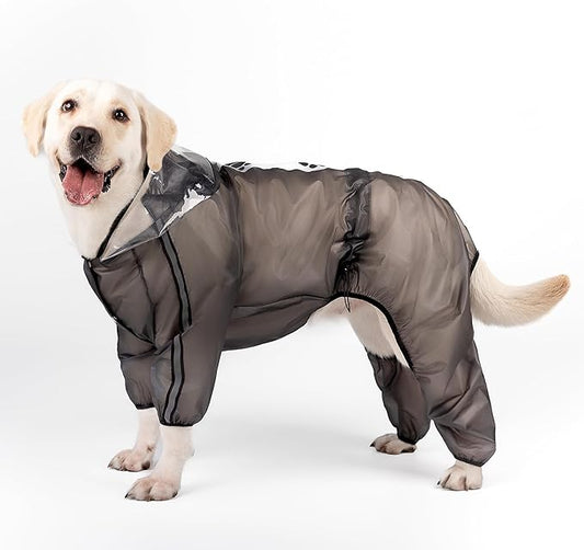 Olsa Dog Raincoat, Dog Hooded Slicker Poncho, 4 Legs Rain Jacket with Reflective Stripe, Transparent Water Proof Resistant Rain Snow Clothes for Small Medium Large (Black, XL)