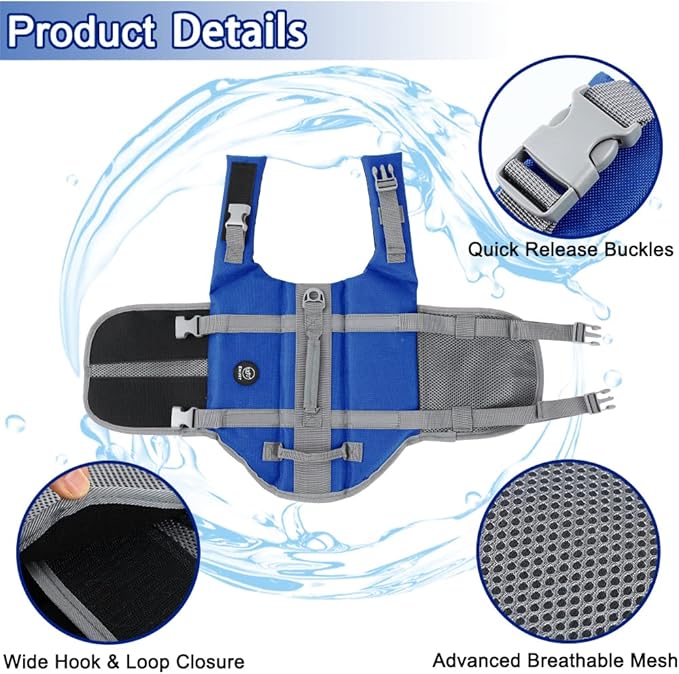 EMUST Dog Life Vests, Adjustable Pet Life Jacket with Rescue Handle, Dog Flotation Vest for Small/Medium/Large Dogs, XS, Royal Blue