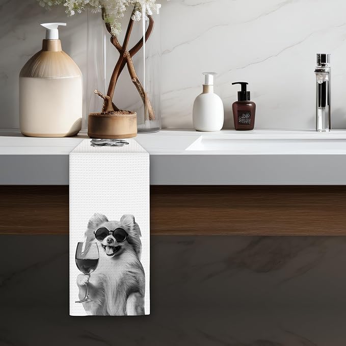 Pomeranian Gifts Wine Dog Kitchen Towels, Gifts for Pomeranian Dog Wine Lovers Decorative Hand Dish Towel for Kitchen Home Bar, Funny PomeranianDog WineLover Home Bar Kitchens Decor(16x24 Inch)