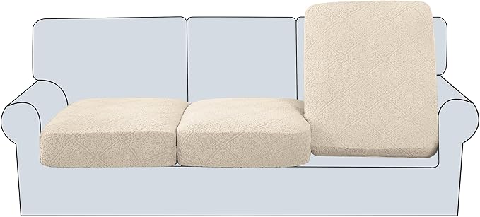 H.VERSAILTEX Jacquard Couch Cushion Covers High Stretch Sofa Covers for 3 Cushion Couch Furniture Protector Spandex Anti-Slip Soft Thickened Slipcovers Damask Pattern(3 Seat Covers, Ivory)