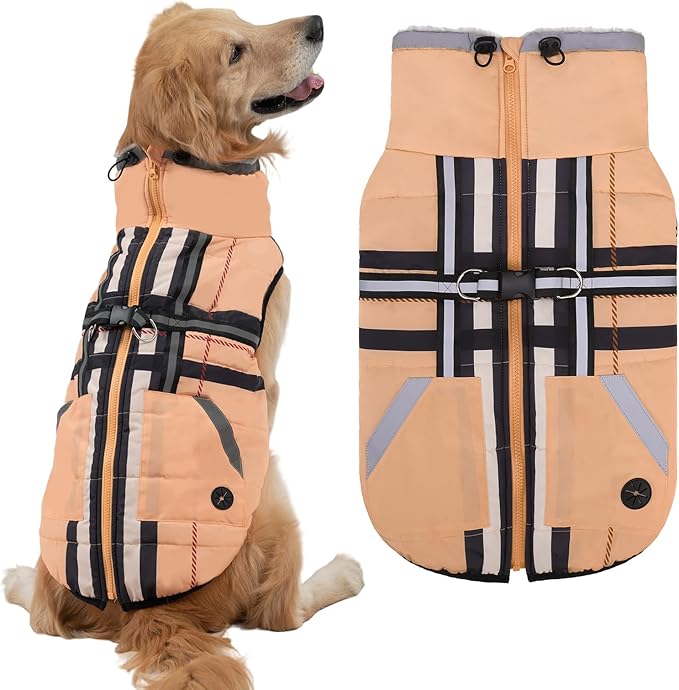 Mihachi Dog Snow Jacket Waterproof Dog Coat with Harness Built in,Thick Fleece Lined & Pockets,Turtleneck Warm Winter Jacket for Large Dogs Reflective Fleece Vest with Zipper,Snowsuit Outfit,Beige L