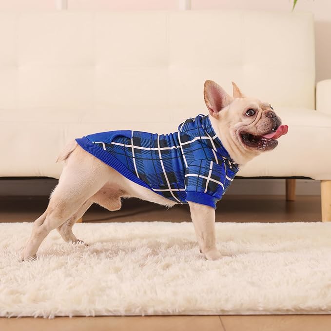 EXPAWLORER Plaid Dog Hoodie - British Style Warm Dog Sweater Shirt with Leash Hole,Pitbull Clothes Outfits,Winter Coat Apparel for All Breeds Puppy Girl Boy-Cat Apparel,Navy Blue Medium