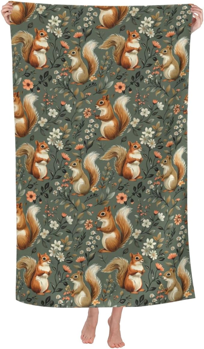 Squirrel Beach Towel,32x52in Microfiber Quick Dry Cute Woodland Animal Flowers Green Bath Towels,Soft Lightweight Oversized Sand Free,for Travel Pool Swimming Gym Decor,Gifts