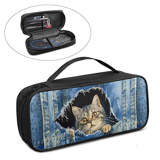 Gomyblomy Cute Stethoscope Case with Extra Pocket for Nurse Accessories, Denim Cat Print Protective Stethoscope Holder Storage Bag Fit for Classic III, Lightweight II S.E and More