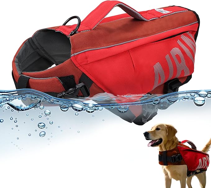 Dog Life Jacket, Inflatable Life Jacket Red Air-in Swimming Safety& Comfort for Water Adventure in Dog Life Vests for Boating with Reflective Words, for Furry Companion-Size M