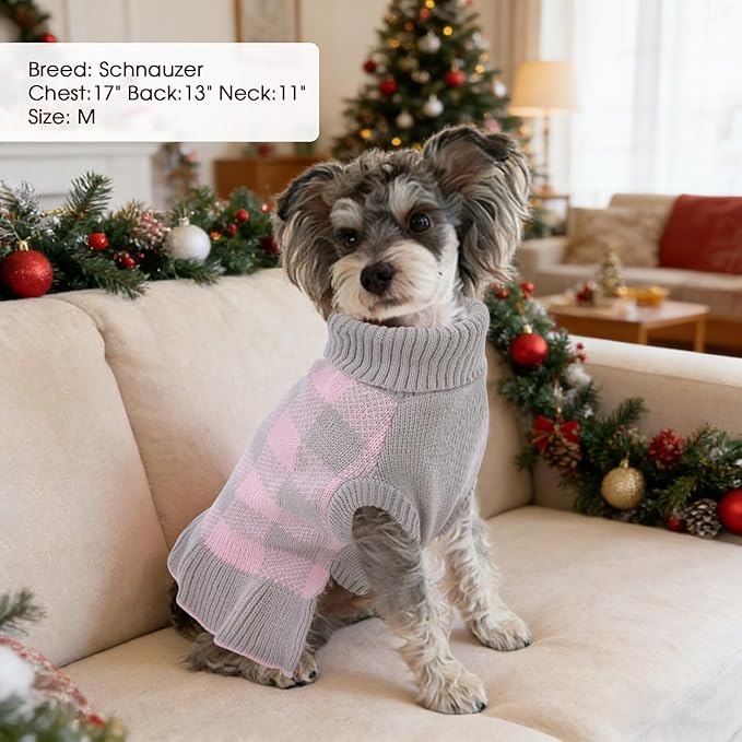Dog Sweater Dress Plaid Knitwear for Small Medium Dogs Warm Puppy Pet Turtleneck Stretch Pullover Cute Fall Winter Vest Clothes with Leash Hole for Christmas (Grey, XS)
