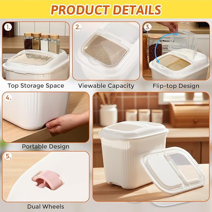 4 Pack Sugar Storage Containers Flour Bin with Wheels Large Pet Dog Food Storage Boxes Measuring Cup Sealed Transparent Flip Lid Portable Household Rice Container Set(30 Lbs)