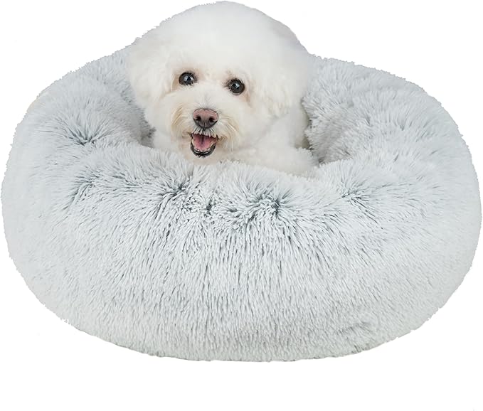 Best Pet Supplies Round Calming Dog Bed for Small, Medium & Large Dogs, Plush Donut Cuddler Pet Bed w/Raised Rim for Head, Neck Support, Anti-Slip Bottom Washable Bed - Light Warm Gray, 27 x 27 x 7.5