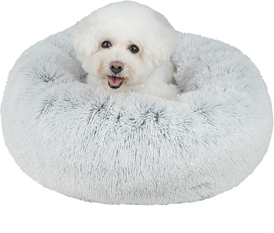 Best Pet Supplies Round Calming Dog Bed for Small, Medium & Large Dogs, Plush Donut Cuddler Pet Bed w/Raised Rim for Head, Neck Support, Anti-Slip Bottom Washable Bed - Light Warm Gray, 27 x 27 x 7.5