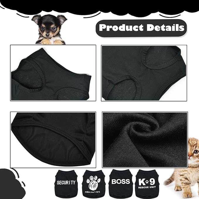 4 Pack Dog Clothes for Small Dogs Boy Male Summer Letter Security Dog Shirts Cute Cool Clothes for Chihuahua Dachshund Yorkie Shih Tzu, Pet Cat Outfit Clothing, XS,Black