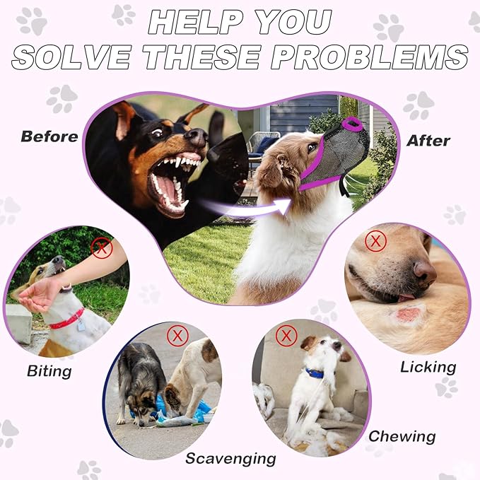 Dog Muzzle, Soft Air Mesh Muzzles for Medium Sized Dogs, Breathable Dog Mussels for Scavenging Biting Licking & Barking, Adjustable Mouth Guard with Front Opening, Allows Panting & Drinking (Purple,M)