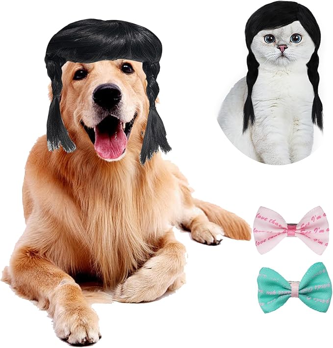 Funny Dog Wig Pet Costumes,Kediciz Cat Costume Synthetic Hairpiece Cosplay Wigs, Headwear for Halloween Christmas Festivals Party Decor, Fancy Dress,Adjustbale Size,28CM Black Braide