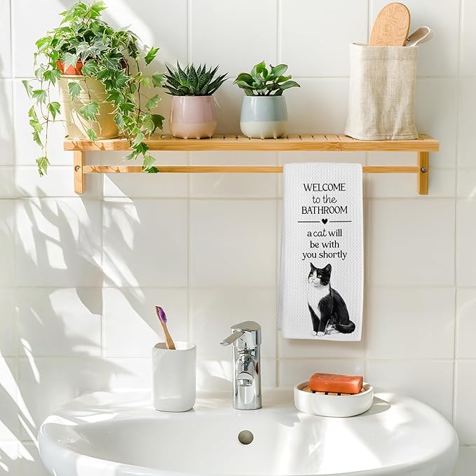 Funny Tuxedo Cat Hand Towels, Funny Tuxedo Cats Gifts for Cats Lovers Women Hand Towel, A Cat Will Be with You Shortly Decorative Towel for Bathroom, Cute Kitty Bathroom Decor, 16x24in