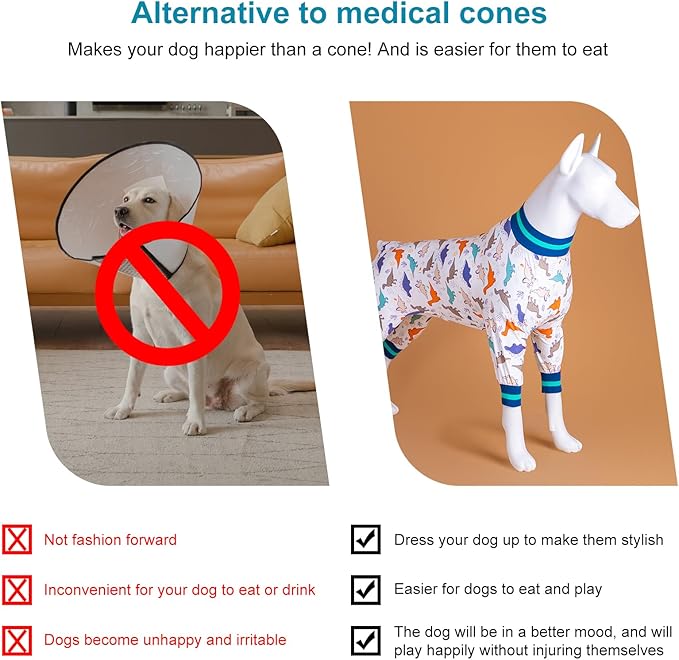 LovinPet Pitbull Pajamas for Dogs XXL Undershirt for Dog Hoodies,Dog Pajamas, Lightweight Stretchy Fabric,White Slate Mint Dinosaur Print,Uv Protection,Medium