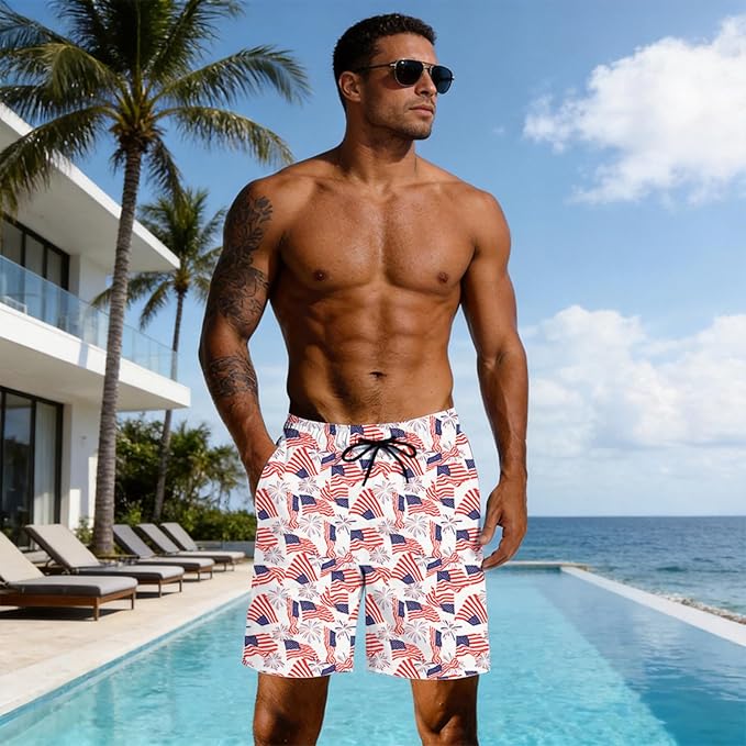 Mens Swim Trunks with Compression Liner Quick Dry Zipper Pocket Bathing
