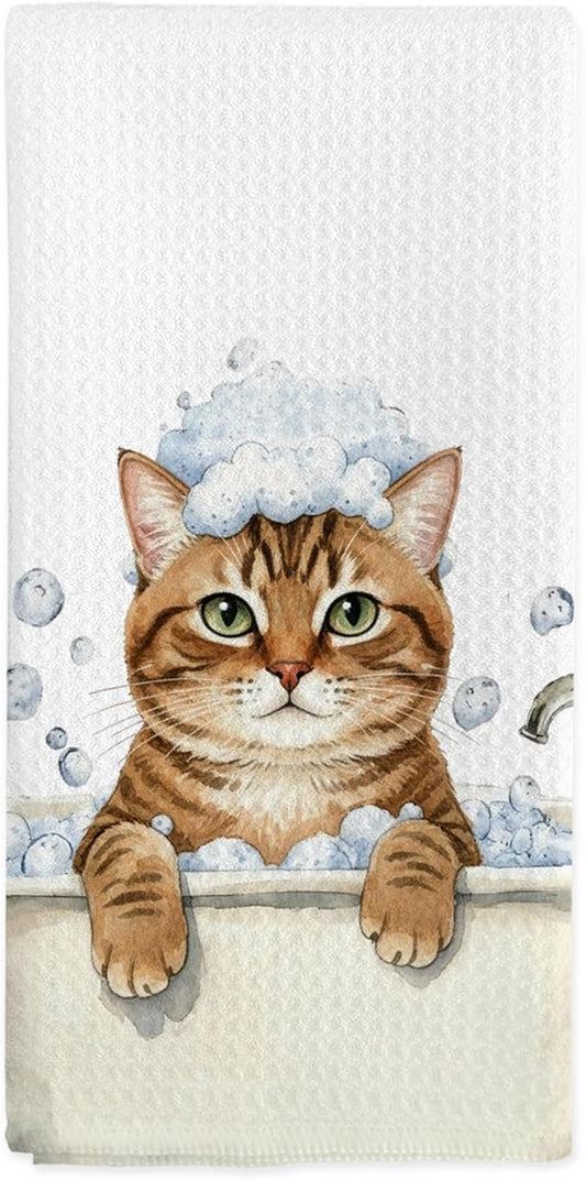 Funny Brown Tabby Cat Gifts Hand Towels, Cats Bathroom Decor, Brown Tabby Cat Hand Dish Tea Towels for Restroom Kitchen Washroom Decor, Cats Lover Gifts, 16x24 Inch