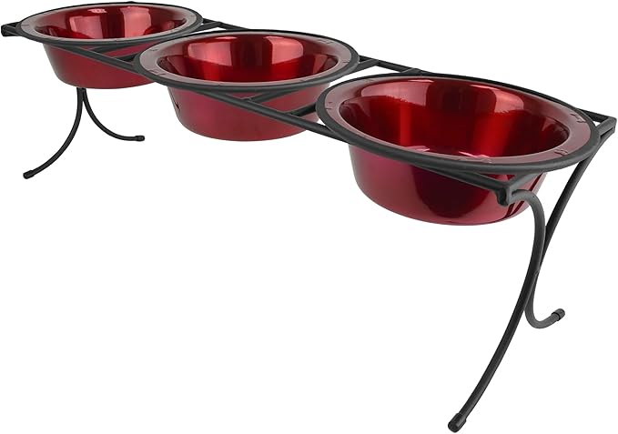 Platinum Pets Bistro Triple Diner Feeder with Stainless Steel Dog Bowls, Large, Candy Apple Red